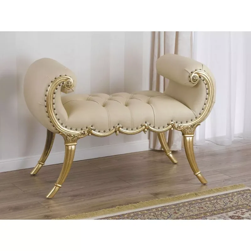 Natural Art & Craft Eva Baroque Style Gold Leaf Champagne Leatherette Crystal Button Bench