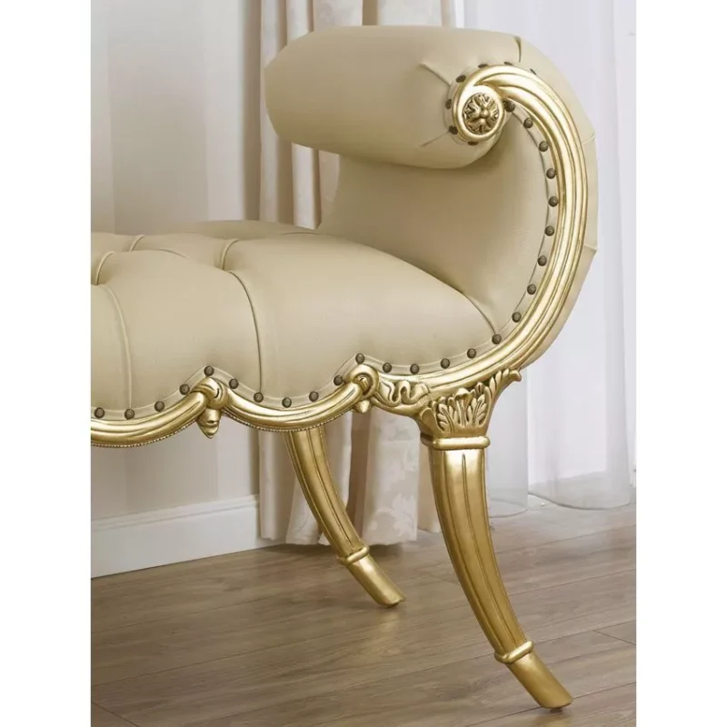 Natural Art & Craft Eva Baroque Style Gold Leaf Champagne Leatherette Crystal Button Bench - Image 2