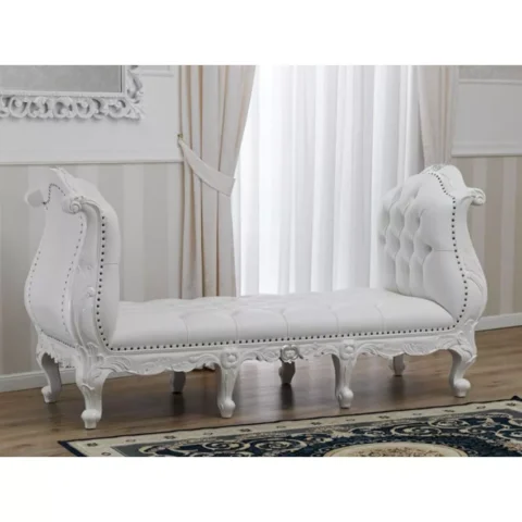 Natural Art & Craft Imperiale Rococo Modern Style White Lacquered Glossy and Silver Leaf White 3 Seater Bench