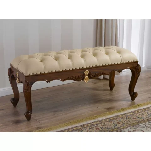 Natural Art & Craft Fiona Baroque Style Walnut and Gold Leaf Champagne Leatherette Crystal Button Bench