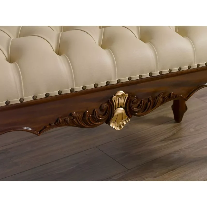Natural Art & Craft Fiona Baroque Style Walnut and Gold Leaf Champagne Leatherette Crystal Button Bench - Image 2