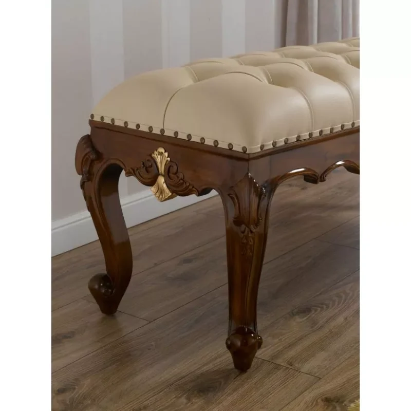 Natural Art & Craft Fiona Baroque Style Walnut and Gold Leaf Champagne Leatherette Crystal Button Bench - Image 4