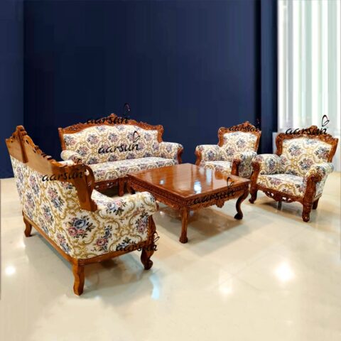 Natural Art & Craft Tragic Hand Carved Teak Wood Sofa Set 3+2+1+1 with Coffee Table Elegant Living Room