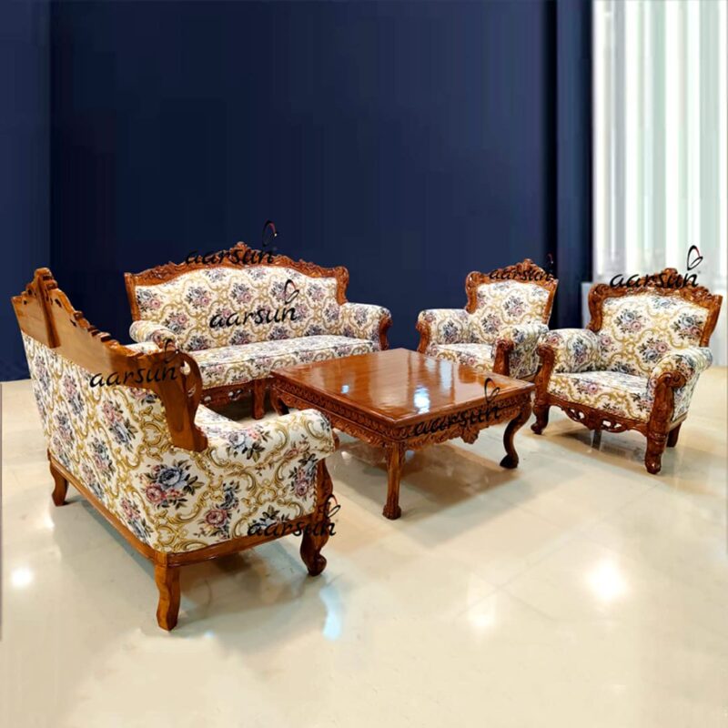 Natural Art & Craft Tragic Hand Carved Teak Wood Sofa Set 3+2+1+1 with Coffee Table Elegant Living Room