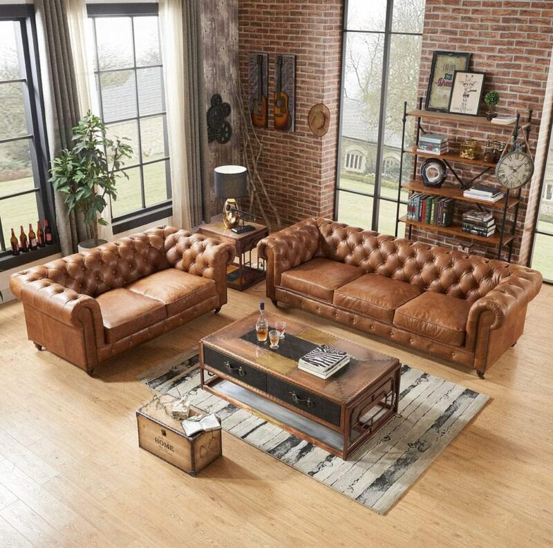 Natural Art & Craft Classic Button Tufted Teak Wood Leatherette Modern Luxury Chesterfield 3+2 Sofa Set with 1 Center Table