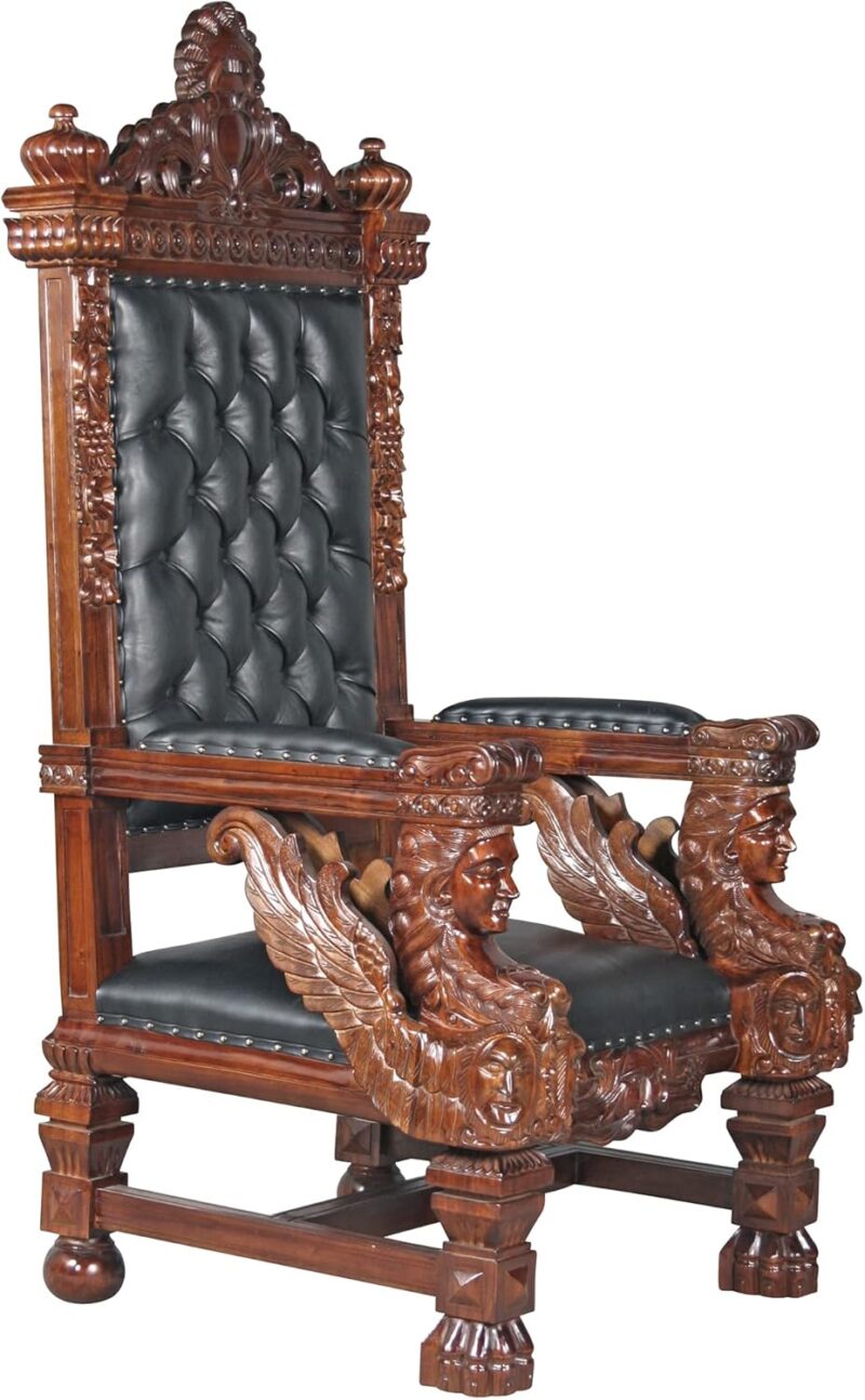 Natural Art & Crafts Toscano Design High Back Royal Throne Chair Hand Carved Teak Wood with Faux Leather & Crystal Buttons Antique Luxury Chair - Image 2