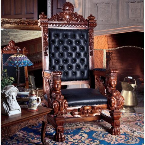 Natural Art & Crafts Toscano Design High Back Royal Throne Chair Hand Carved Teak Wood with Faux Leather & Crystal Buttons Antique Luxury Chair