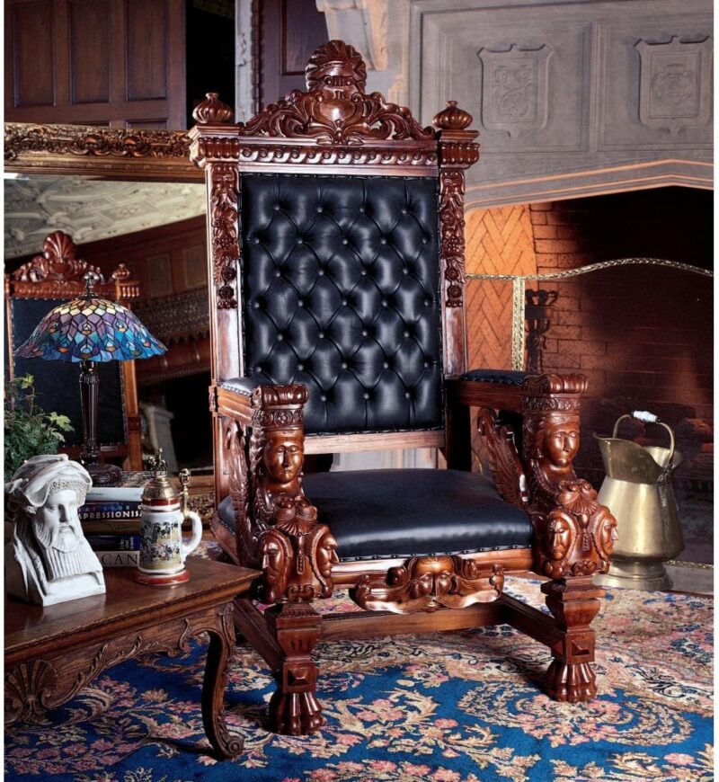 Natural Art & Crafts Toscano Design High Back Royal Throne Chair Hand Carved Teak Wood with Faux Leather & Crystal Buttons Antique Luxury Chair