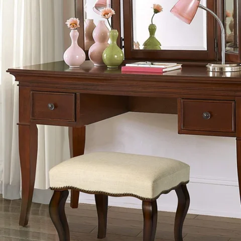 Natural Art & Crafts Backless Vanity Teak Wood Rectangular Stool with Nail Head Trim