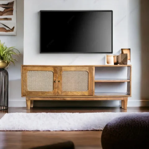 Natural Art & Crafts Woolly Cane Rattan Mango Wood TV Cabinet with 2 Drawers & 2 Open Shelves for Living Room Storage and Media Console