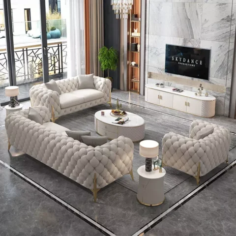 Natural Art & Craft Perfectly Modern Button Tufted Teak Wood 3+2+1 Chesterfield Sofa Set with 2 Bedside Tables and 1 Coffee Table for Your Living Room