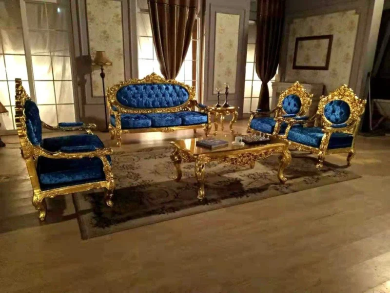 Natural Art & Craft Royal Antique Gold Hand Carved Teak Wood 3+2+1+1 with Center Table 7 Seater Sofa Set ( Blue ) - Image 3