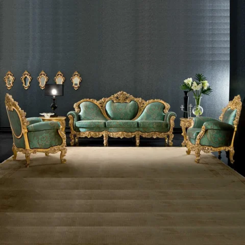 Natural Art & Craft Cataclysmic Luxury Antique Hand Carved Teak Wood Sofa Set 3+1+1 with 2 Elegant Side Table