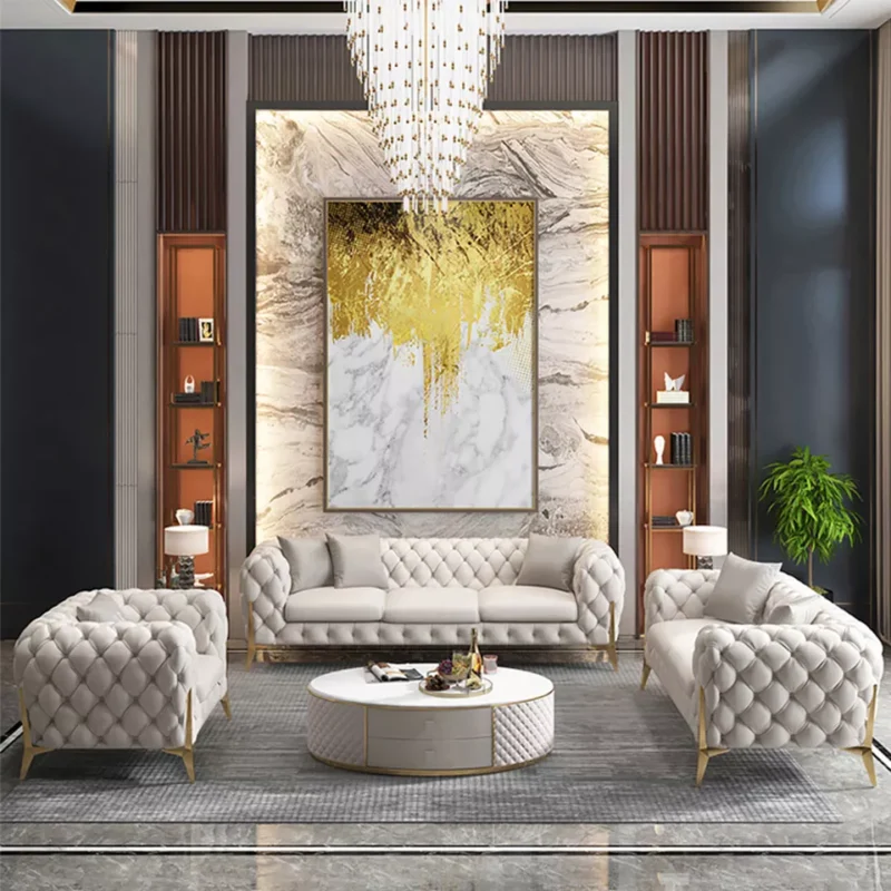 Natural Art & Craft Perfectly Modern Button Tufted Teak Wood 3+2+1 Chesterfield Sofa Set with 2 Bedside Tables and 1 Coffee Table for Your Living Room - Image 2