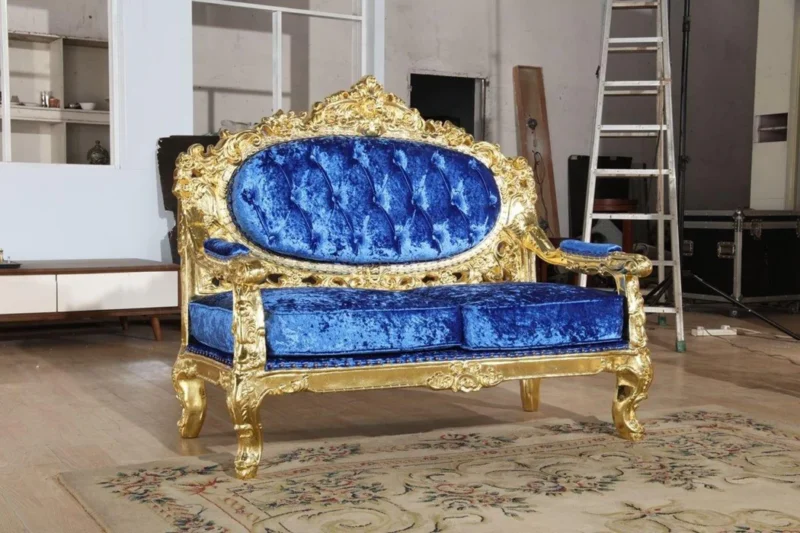 Natural Art & Craft Royal Antique Gold Hand Carved Teak Wood 3+2+1+1 with Center Table 7 Seater Sofa Set ( Blue ) - Image 4