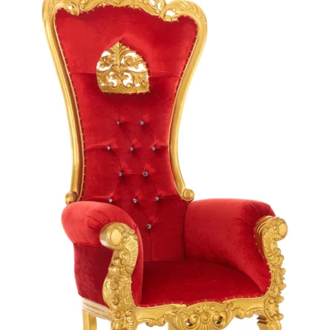 Natural Art & Crafts Crown Luxurious Hand Carved Button Tufted Teak Wood Velvet Fabric Back Design High Back Throne Chair ( Red )