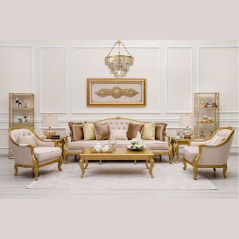 Natural Art & Craft Luxurious & Elegance Design Button Tufted Hand Carved Teak Wood 3+1+1 with Center Table Sofa Set
