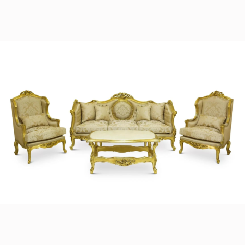 Natural Art & Craft European Luxurious Hand-Carved Teak Wood Sofa Set 3+1+1 with Coffee Table Traditional for Living Room