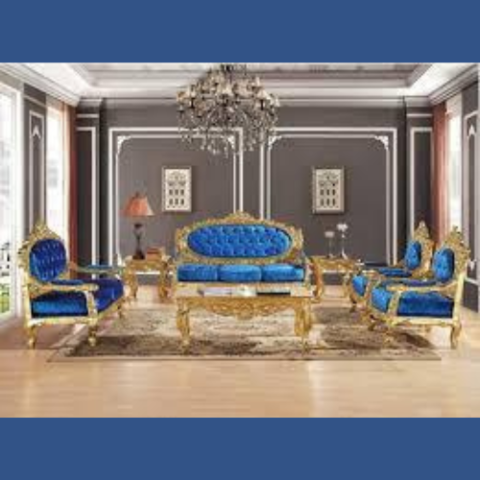 Natural Art & Craft Royal Antique Gold Hand Carved Teak Wood 3+2+1+1 with Center Table 7 Seater Sofa Set ( Blue )