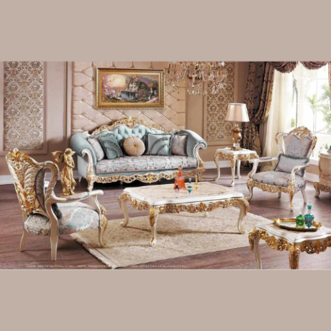 Natural Art & Craft European Style Hand Carved Teak Wood Sofa Set 3+1+1 with Coffee Table & 2 Bedside Tables Luxurious Living Room