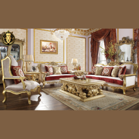 Natural Art & Craft Hand Carved European Style Teak Wood Royal Sofa Set 3+2+1 with Coffee Table & 2 Side Tables Luxury Golden Finish Living Room
