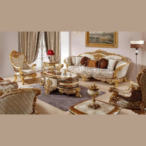 Natural Art & Craft Grave Luxury Antique Hand Carved Teak Wood Sofa Set – 3+1+1 Sofas with 2 Elegant Side Tables & 1 Coffee Table for Living Room
