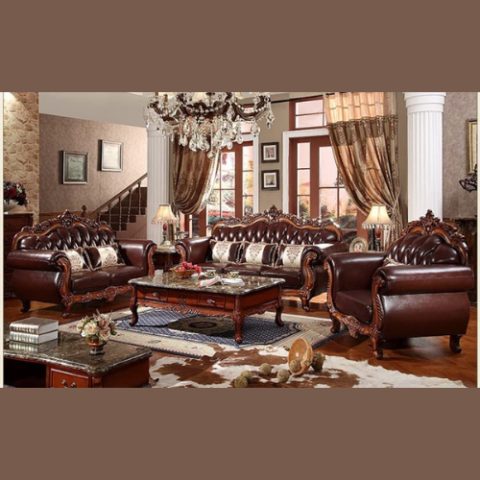 Natural Art & Craft Eeyorish Luxury Antique Hand Carved Teak Wood Sofa Set 3+2+1 with Center Table, Elegant Vintage Living Room ( Dark Brown )