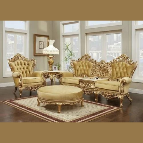 Natural Art & Craft Luxury Antique Hand Carved Teak Wood Sofa Set 3+1 with Ottoman and 1 Side Table, Elegant Vintage Living Room
