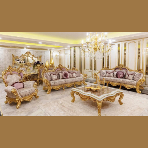 Natural Art & Craft Royal Classic European Style Hand Carved Teak Wood Sofa Set (3+3+1) with Center Table Luxury Wooden Living Room, Vintage Design