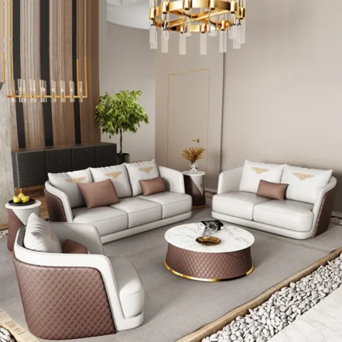 Natural Art & Craft Jace Ultra Modern Handmade Upholstery Teak Wood 3+2+1 with 1 Round Coffee Table