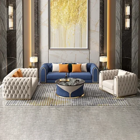 Natural Art & Craft  Arzo Modern Luxury Velvet Upholstered Chesterfield 3+2+1 Sofa Set with Coffee Table