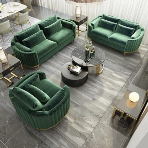 Natural Art & Craft Luxury And Modern Handmade Upholstery Teak Wood 3+2+1 with 2 Round Coffee Table ( Green )