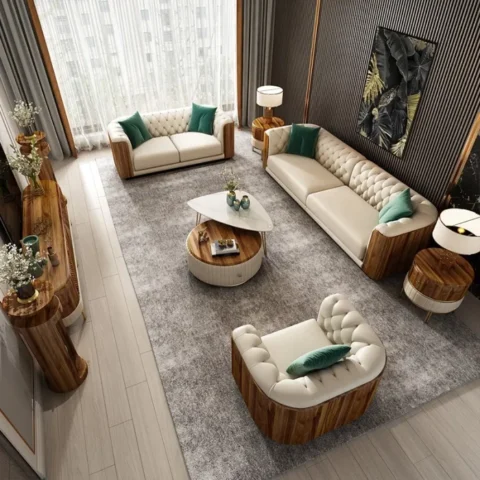Natural Art & Craft Fila Modern Luxury Faux Leather Teak Wood Button Tufted Chesterfield 3+2+1 Sofa Set with 1 Coffee Table and 2 Side Table for Living Room