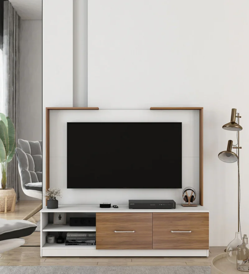 Natural Art & Crafts Filo Wooden Rectangular TV Unit Exotic Teak & Frosty White Finish