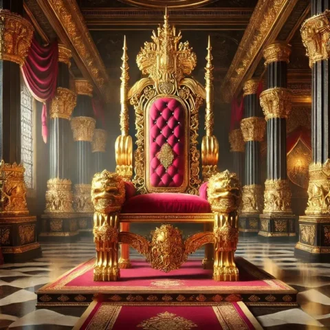 Natural Art & Crafts Luxurious Royal Golden Finish Luxury Hand-Carved Teak Wood High Back Throne Chair Elegant Vintage Seating for Weddings and Special Occasions (Pink)