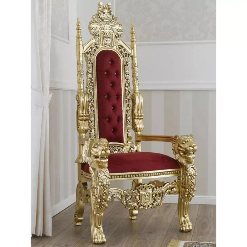 Natural Art & Crafts Lion King French Baroque Style Royal Hand Carved Teak Wood Throne Chair with Gold Leaf Button Tufted