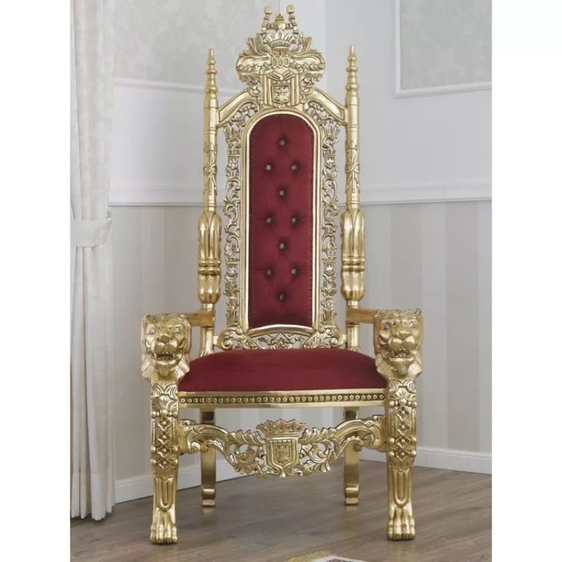 Natural Art & Crafts Lion King French Baroque Style Royal Hand Carved Teak Wood Throne Chair with Gold Leaf Button Tufted - Image 2