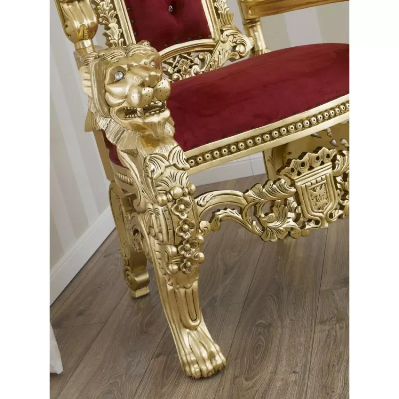 Natural Art & Crafts Lion King French Baroque Style Royal Hand Carved Teak Wood Throne Chair with Gold Leaf Button Tufted - Image 4