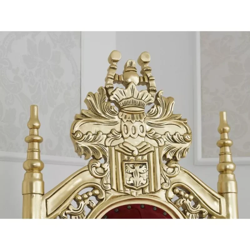 Natural Art & Crafts Lion King French Baroque Style Royal Hand Carved Teak Wood Throne Chair with Gold Leaf Button Tufted - Image 3