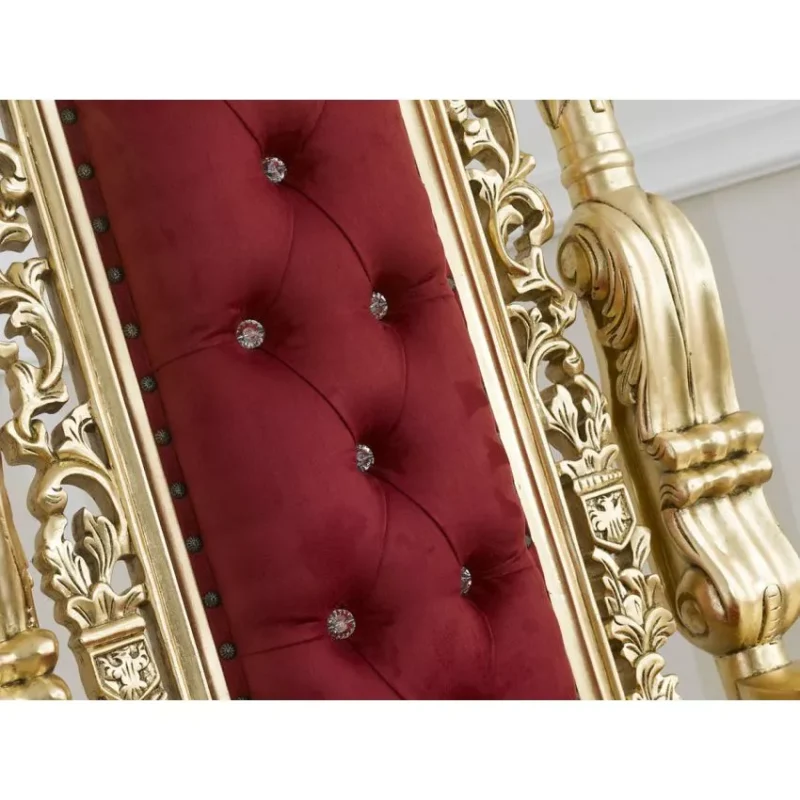Natural Art & Crafts Lion King French Baroque Style Royal Hand Carved Teak Wood Throne Chair with Gold Leaf Button Tufted - Image 6
