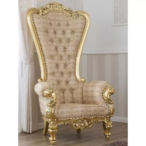 Natural Art & Crafts Luxurious Teak Wood High Back Throne Chair Golden Leaf with Damask Fabric