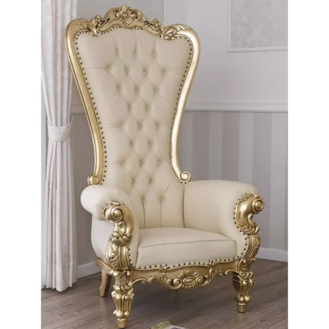 Natural Art & Crafts Luxurious Teak Wood High Back Throne Chair Golden Leaf