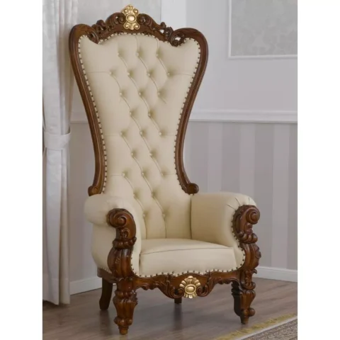 Natural Art & Crafts Luxurious Teak Wood High Back Throne Chair Walnut Finish with Faux Leather