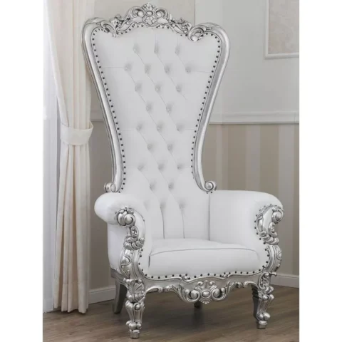 Natural Art & Crafts Luxurious Teak Wood High Back Throne Chair Silver Finish with Faux Leather