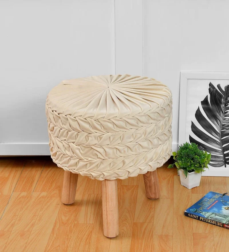 Natural Art & Crafts Smocking Soft Upholstery Pouffe & Ottoman Stools Versatile Decorative Seating & Footrest for Living Room, Bedroom (Cream)