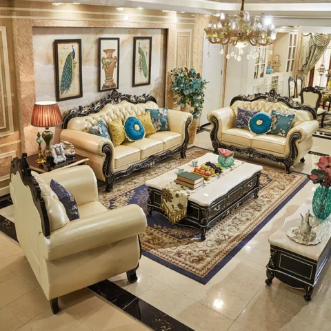 Natural Art & Craft Royal Maharaja Hand Carved Teak Wood Sofa Set 3+2+1 with Coffee Table Traditional Indian Style Living Room Elegant & Durable