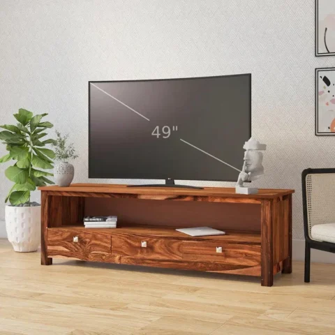 Natural Art & Crafts Sheesham Wood Three Drawer Design TV Cabinet