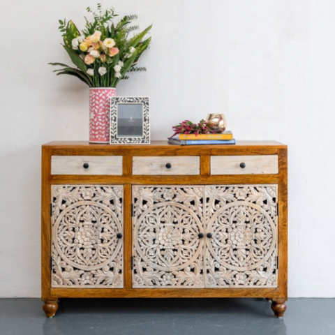 Natural Art & Crafts Craftology Hand-Carved Teak Wood Shoe Rack Cabinet with 3 Doors and 2 Drawers Stylish Rustic Storage Solution for Home Entryway