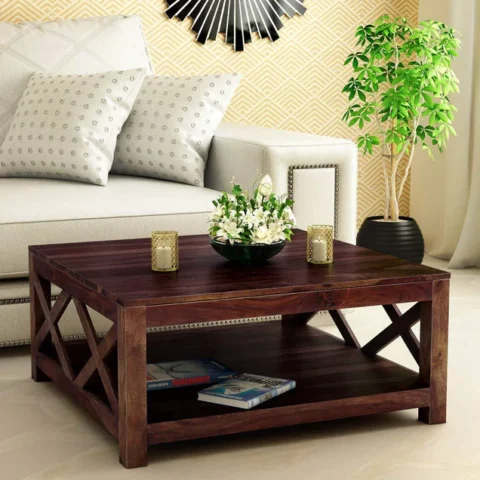 Natural Art & Crafts Aesthetic Handmade Solid Sheesham Wood Coffee Table Rustic & Unique Living Room