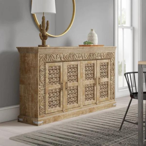Natural Art & Crafts Mcoor Hand Carved Teak Wood Sideboard Cabinet with 4 Doors (Natural)